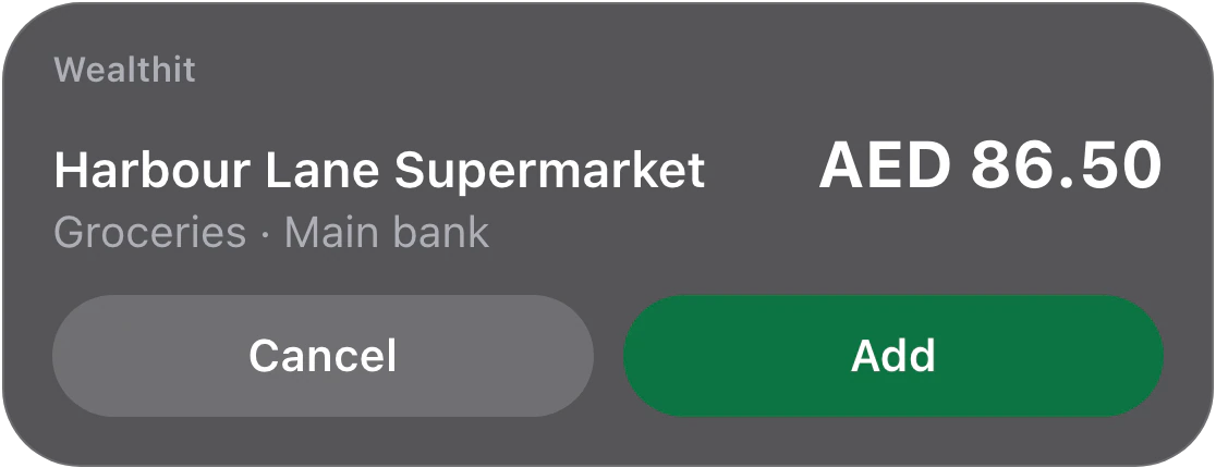 Tap to Record on the Lock Screen: Harbour Lane Supermarket, AED 86.50, Groceries from Main bank, with Cancel and Add