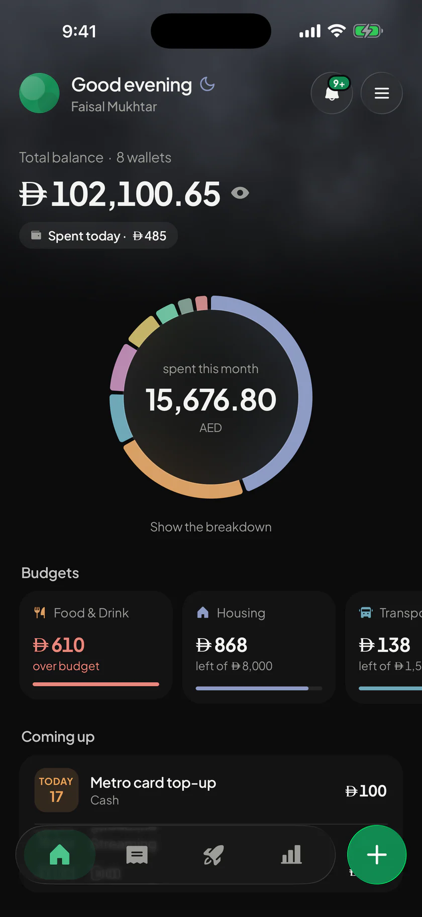 Wealthit’s Home screen: the total balance across eight wallets, spent today, and this month’s spending ring