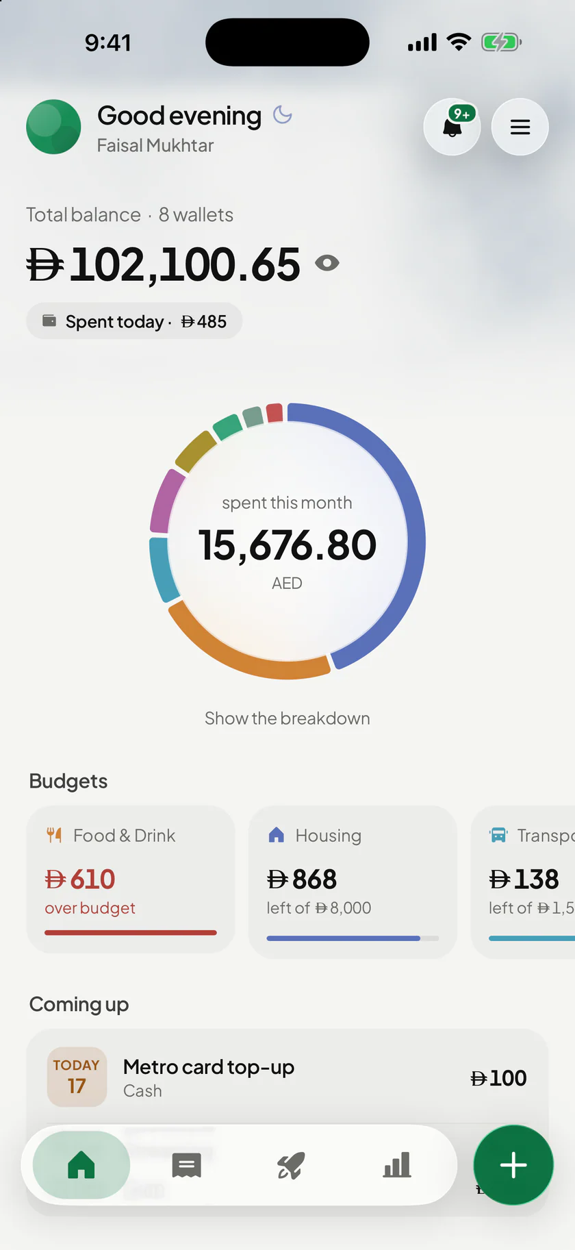 Wealthit’s Home screen: the total balance across eight wallets, spent today, and this month’s spending ring