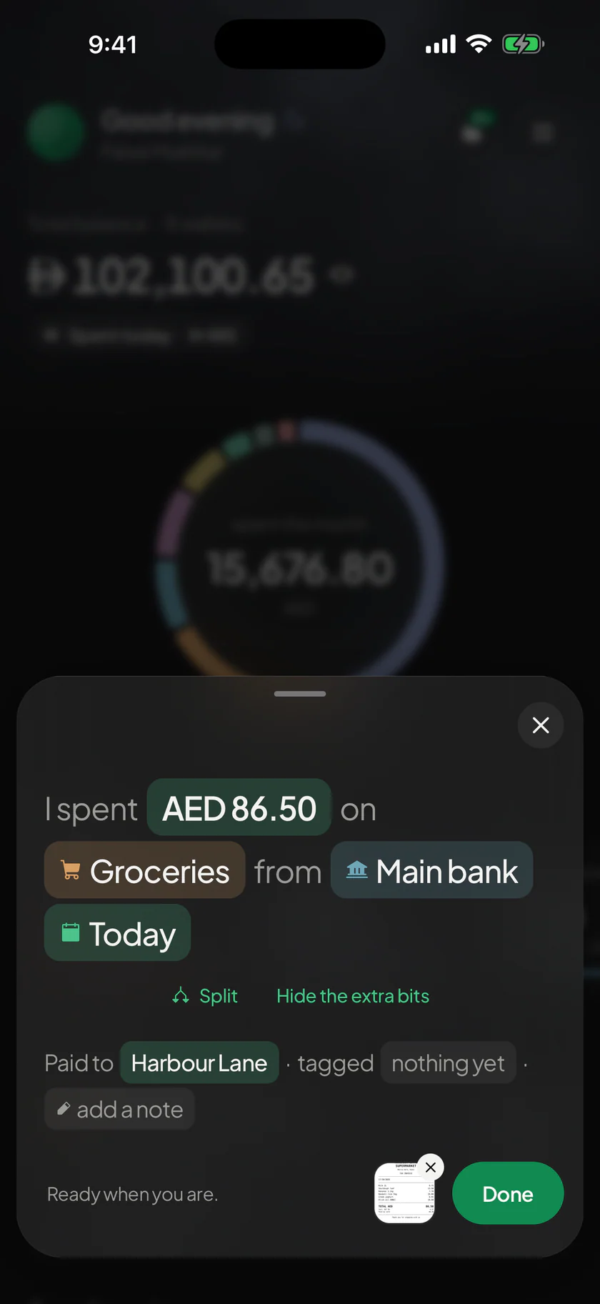Wealthit: A scanned receipt as a record to check: AED 86.50, Groceries, paid to Harbour Lane