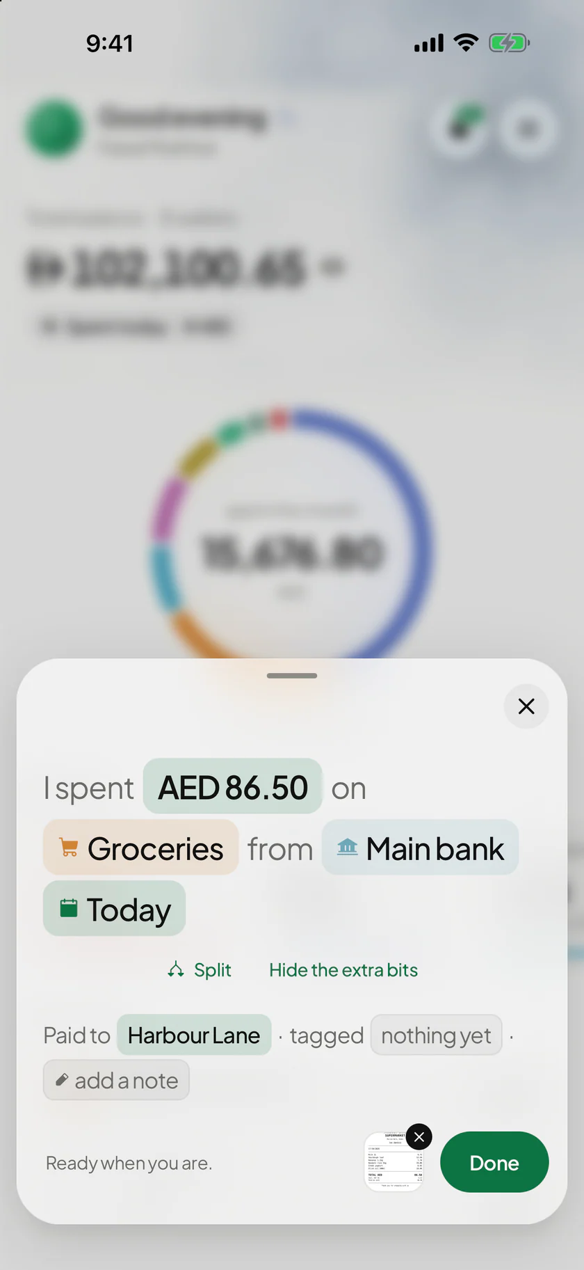 Wealthit: A scanned receipt as a record to check: AED 86.50, Groceries, paid to Harbour Lane